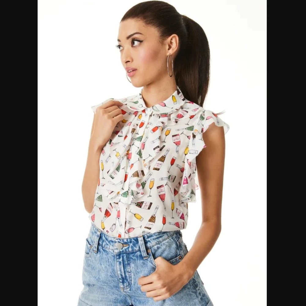 Alice + Olivia | Robbie Wine Printed Ruffled Blouse (Weekend Toast)
